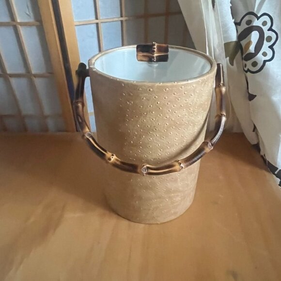 Vintage MCM Faux Ostrich Ice Bucket With Bamboo Handle & Lid READ - Picture 3 of 11